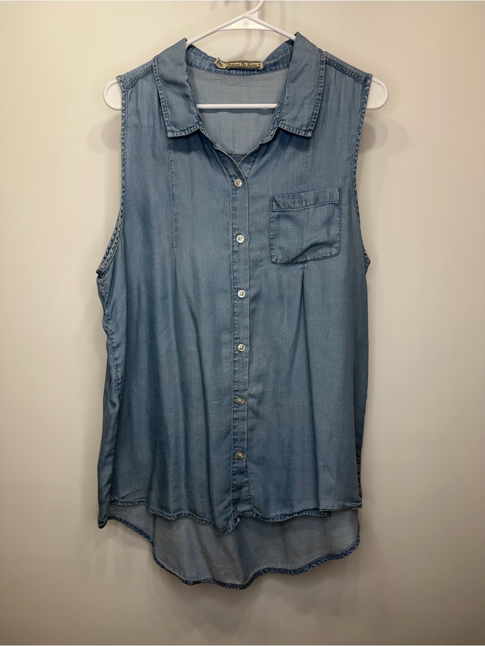 behind the seams chambray sleeveless button front top